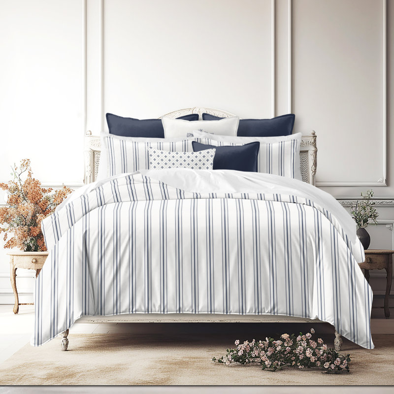 August Stripe Reversible Cotton Duvet Cover Set, Queen Duvet Cover + 2 Queen Shams, Denim
