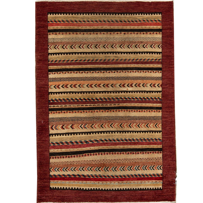 Wool Striped Area Rug in Wine/Green/Brown