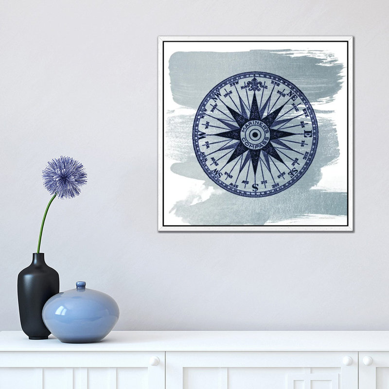 Brushed Midnight Blue Compass Rose by Bluebird Barn - Print on Canvas, White Floater Frame, 45.72 cm H x 45.72 cm W