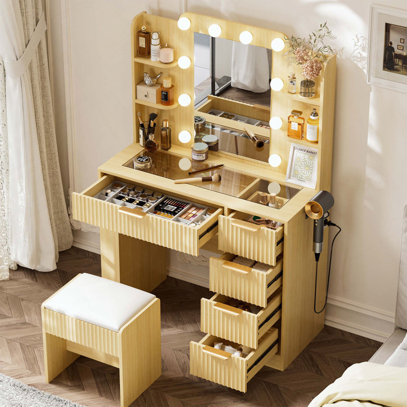 Vanity Table with LED Mirror, Charging Station, 5 Drawers and Stool, Oak