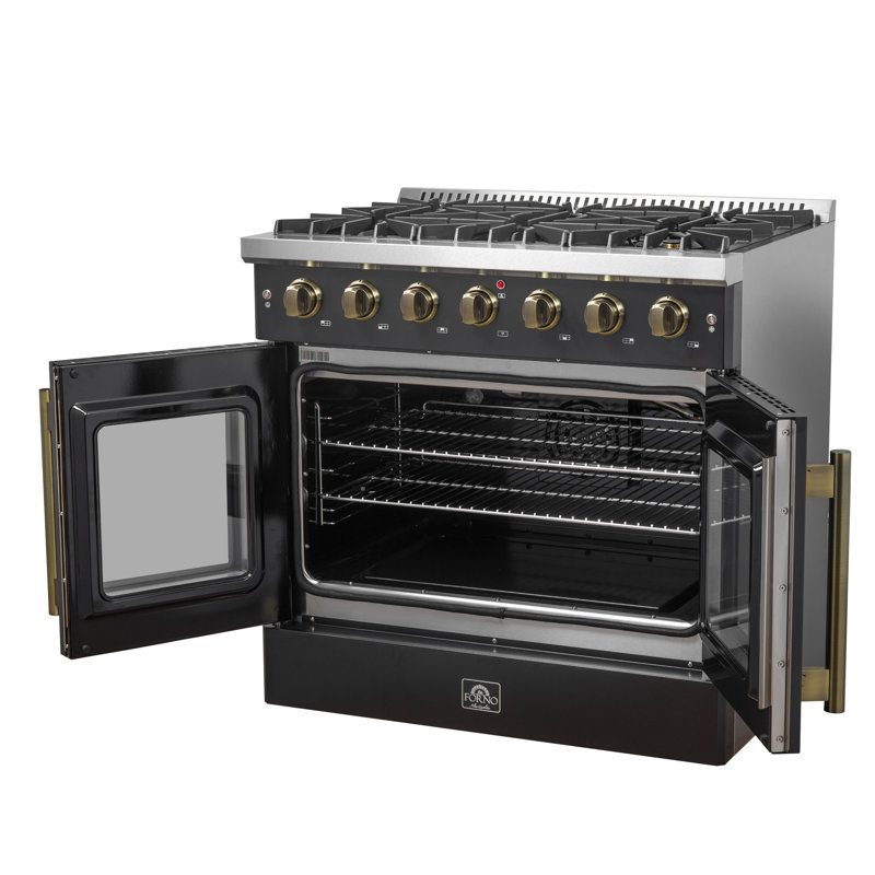 Forno Galiano 36" French Door Gas Range, Black or White & Antique Brass, 5.36 cu.ft. Convection Oven, Black