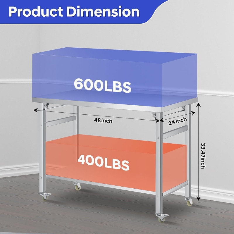 Table pliante en acier inoxydable, table de travail NSF 920LB avec tablette inférieure pour la cuisine