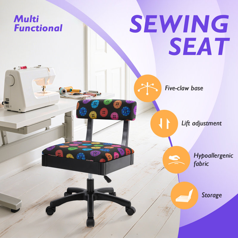 Adjustable Height Sewing Chairs, Crafting Chair with Wheels, Back Support, and Under Seat Storage - Perfect for Your Craft Room Furniture and Sewing Machines (Button Print On Black)