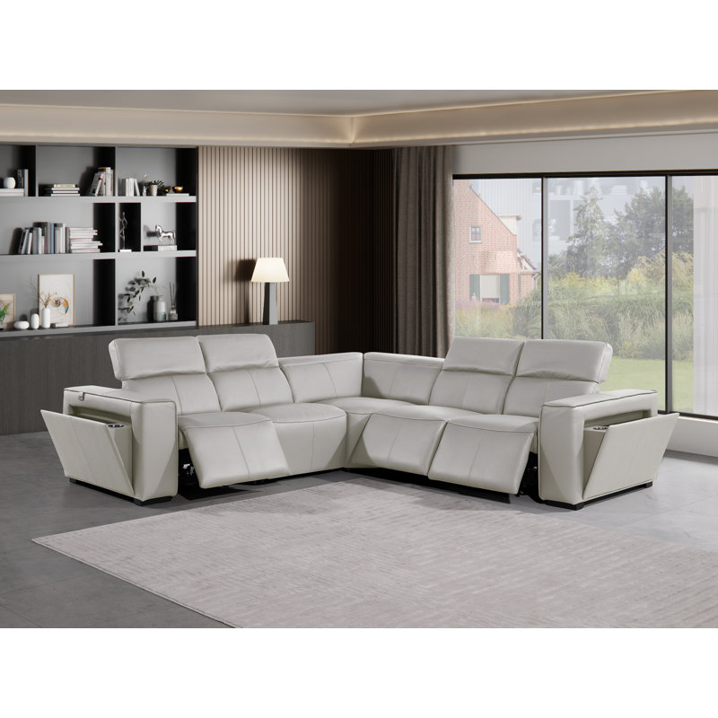 Top Grain Italian Leather 5-Piece L-Shaped Modular Power Reclining Sectional With Power Headrests, Light Gray Genuine Leather