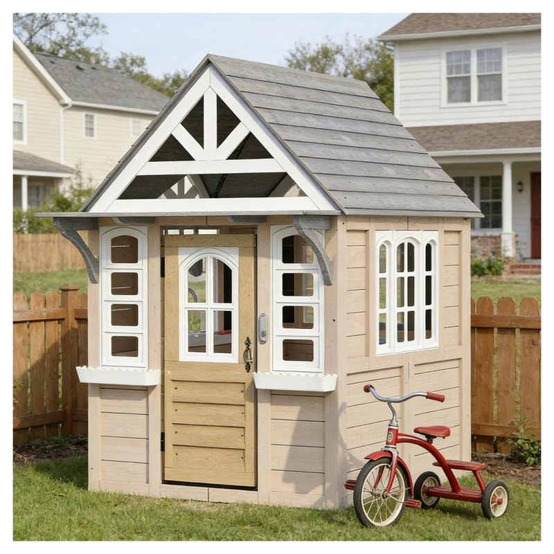 Maisonnette d'extérieur en bois gris avec ensemble de poêle, porte pour chien et jardinières