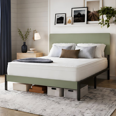 Metal Platform Bed Frame with Wooden Headboard and Underbed Storage