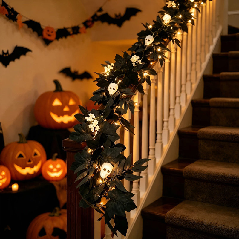  Guirlande de lumières décoratives d'Halloween avec lumières et feuilles d'érable noires, A