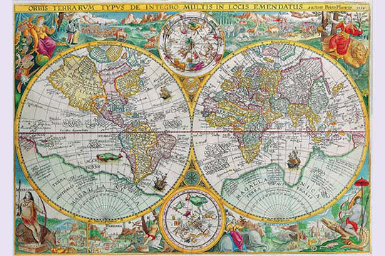 « world map » par petrus plancius, impression, H 28 po x l 42 po x P 1,5 po