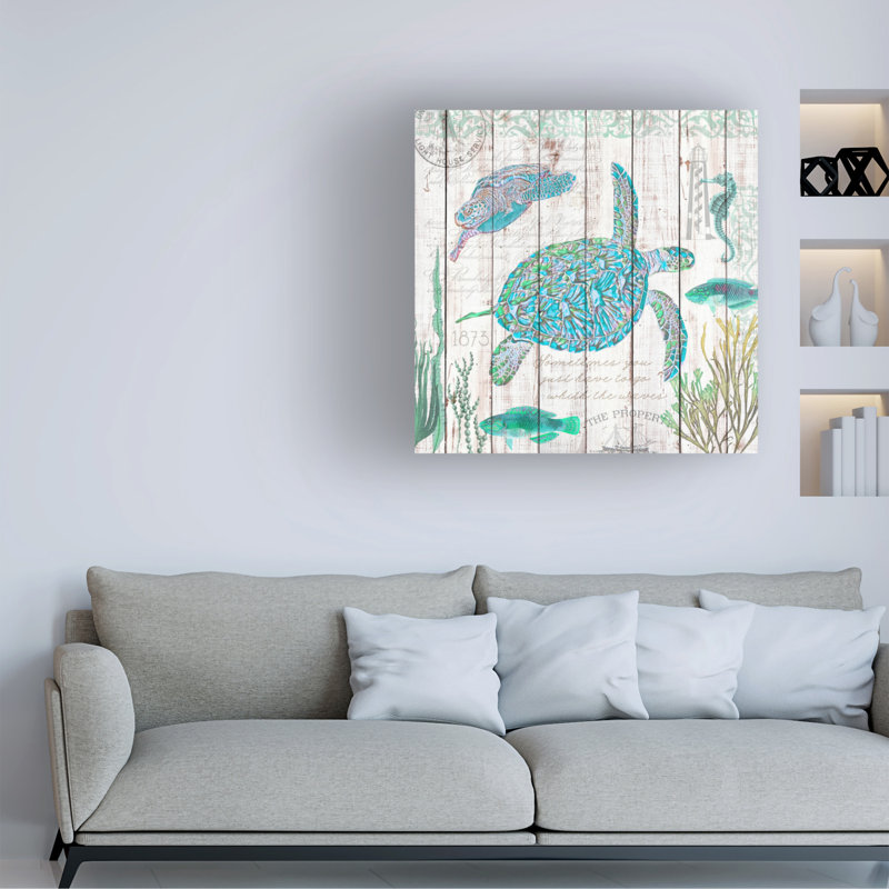 «Sea Turtles on Driftwood» par Cora Niele - peinture sur toile tendue, H 14 po x l 14 po x P 2 po