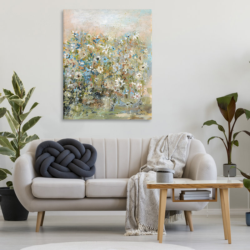 Toile mouchetée fleurs de jardin, design par Roy Ebert, H 48 po x l 36 po