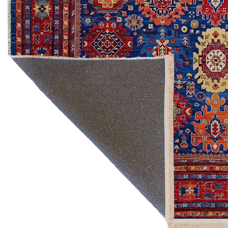 Tapis décoratif à motifs bleus et bourgogne, Tapis de couloir 3 pi 9,81 po x 6 pi 6,74 po