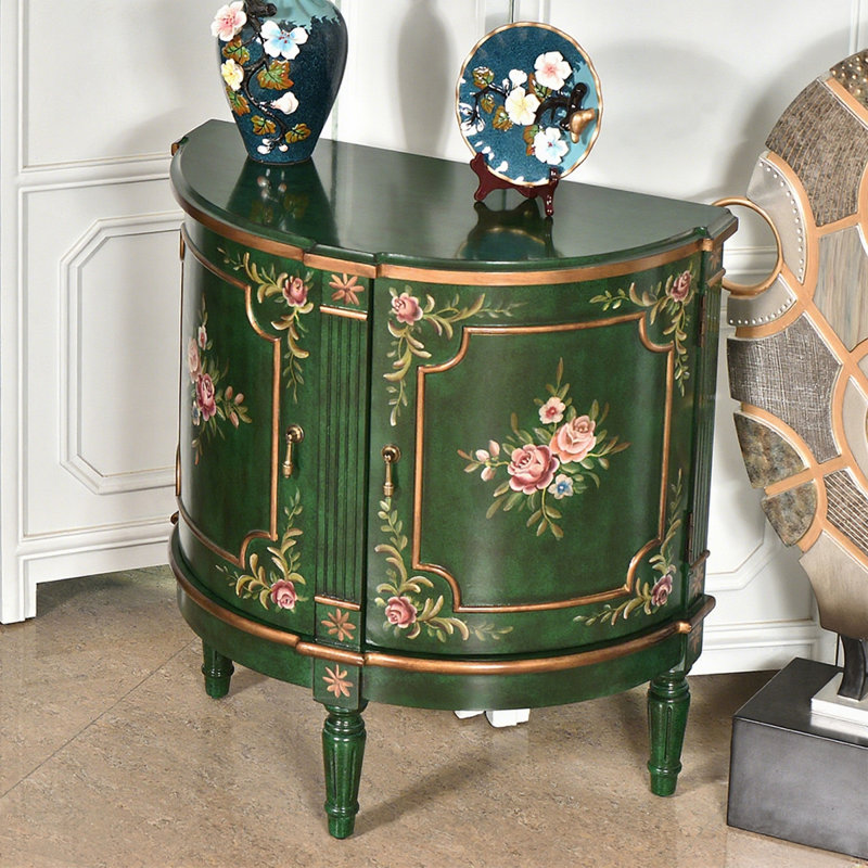 Meuble d'entrée demi-lune en bois massif, peint à la main avec un motif floral vert