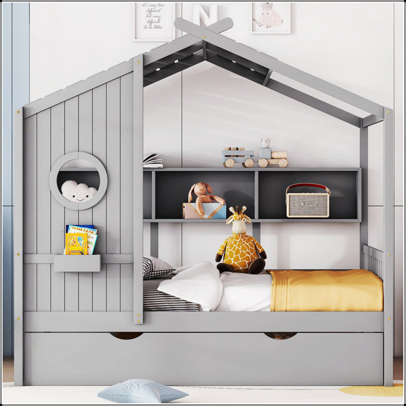 Lit double en bois avec lit gigogne et tablette de rangement, design moderne pour enfants en gris, durable et sécuritaire