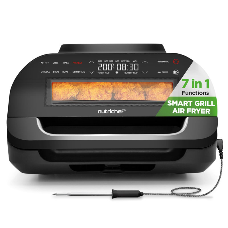 Barbecue d'intérieur sans fumée Nutrichef | Barbecue intelligent et friteuse à air avec 7 fonctions de cuisson | Capacité de 6 L | Comprend un thermomètre intelligent | Contrôle précis de la température | Plaques de gril antiadhésives amovibles