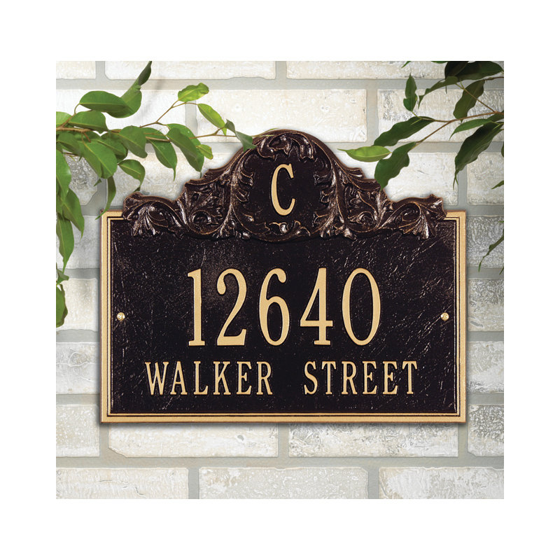 Acanthus Monogram 3-Line Wall Address Plaque, Yes, Black and Gold