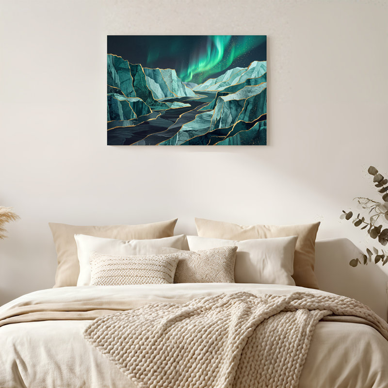 Art mural sur toile dorée avec glacier fracturé sous une aurore verte, 24"H x 36"W