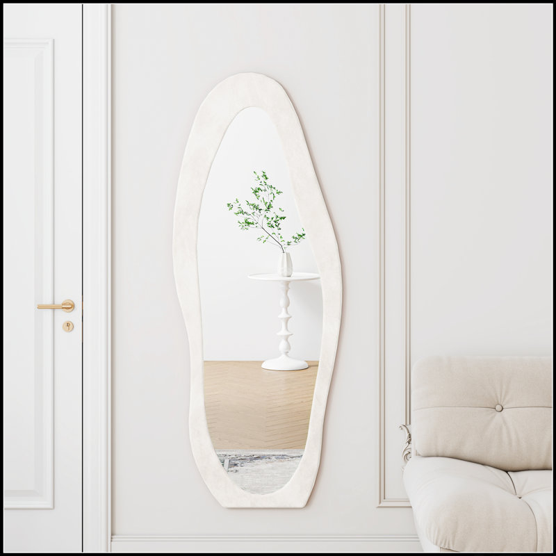 Full Length Floor Mirror With Flannel Wrapped Wooden Frame, Irregular Wavy Design For Modern Bedrooms And Living Rooms