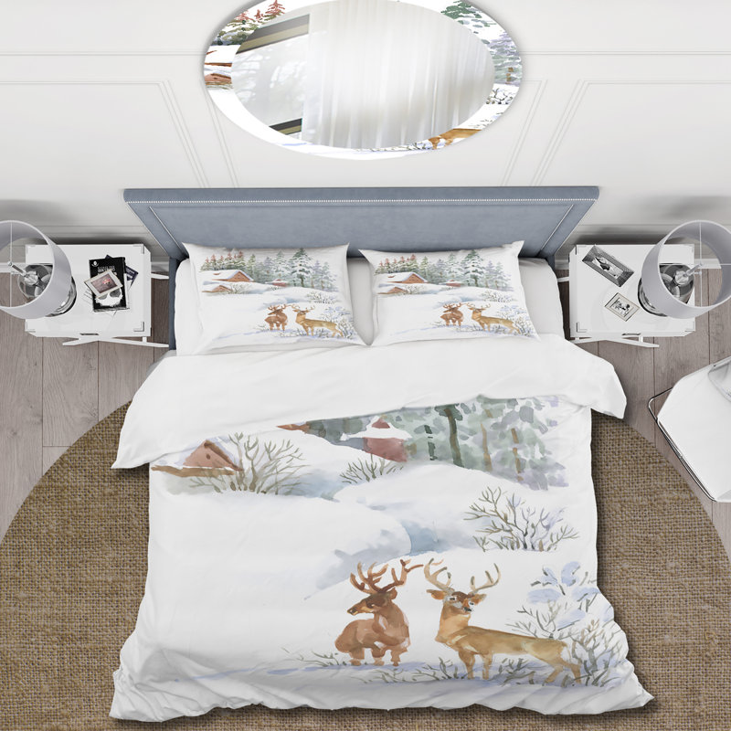 Winter Cottage With Two Deers - Ensemble de housse de couette Farmhouse - Microfibre de polyester