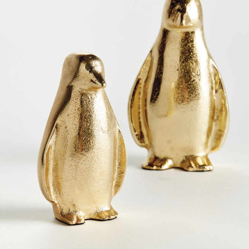 Paire de pingouins en aluminium moulé au sable en or, Or