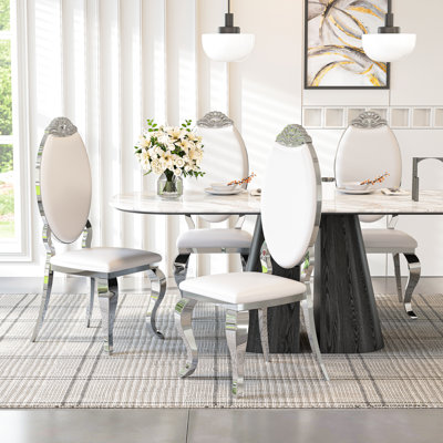 Luxury Dining Chair Set, Oval Carved Backrest, Polished Mirror Stainless Steel Legs