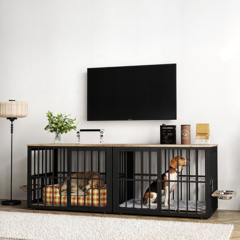 Gurmukh Corner Dog Crate Furniture with Divider and Bowls, Gray, 27.1" H x 77.6" W x 25.2" D