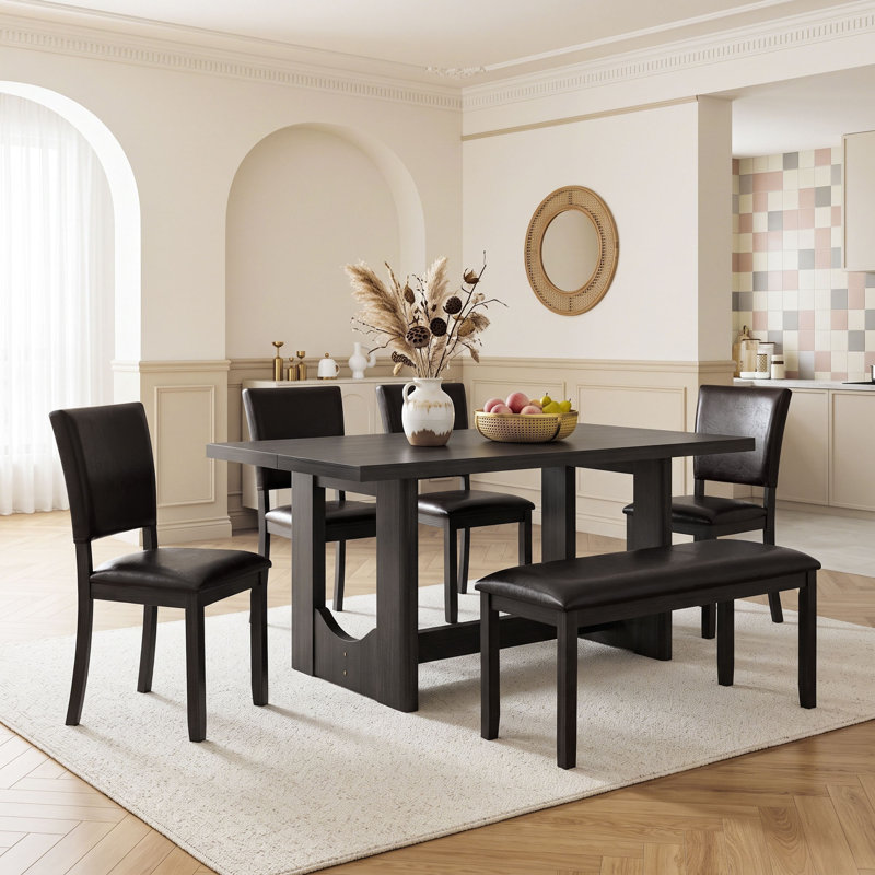 Ensemble de table de salle à manger six pièces avec chaises rembourrées et banc