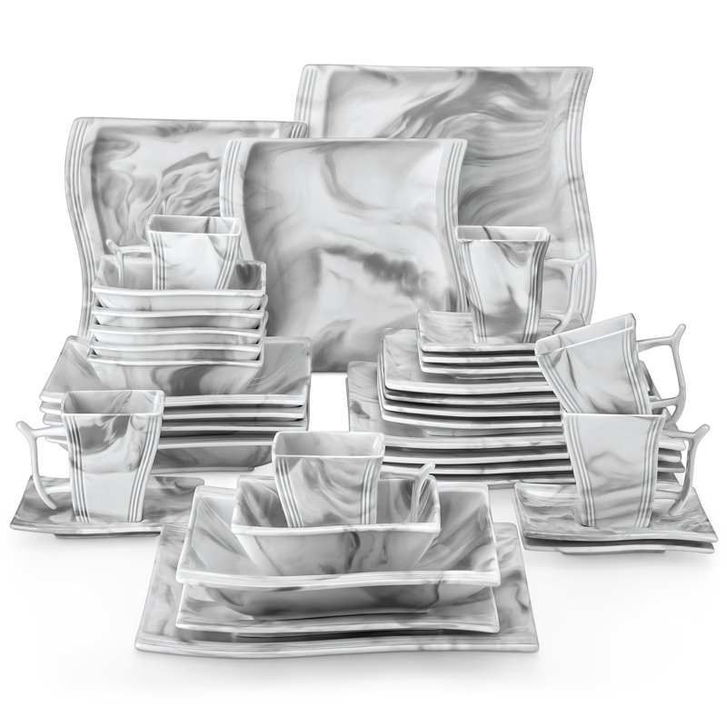 Service de table carré en porcelaine 36 pièces, service pour 6, Marbre gris