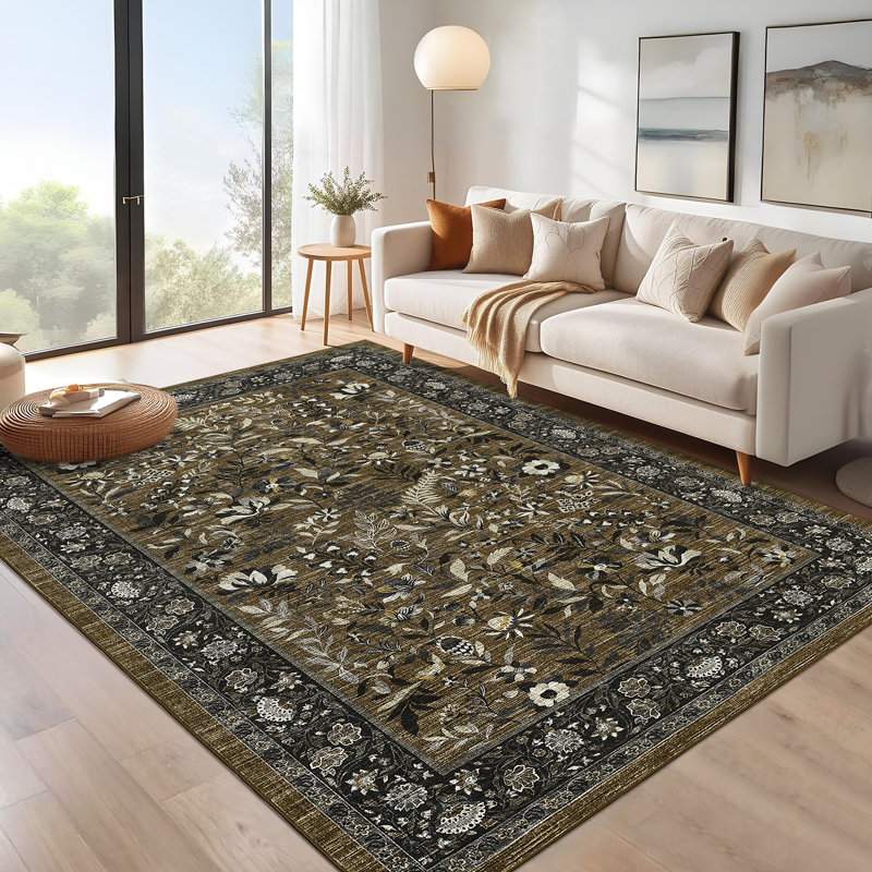 Botanical Flora Machine Washable Rug Low Pile Throw Carpet Non Slip Non Shedding Floor Cover Stain Resistant Folding Carpet For Home Decor