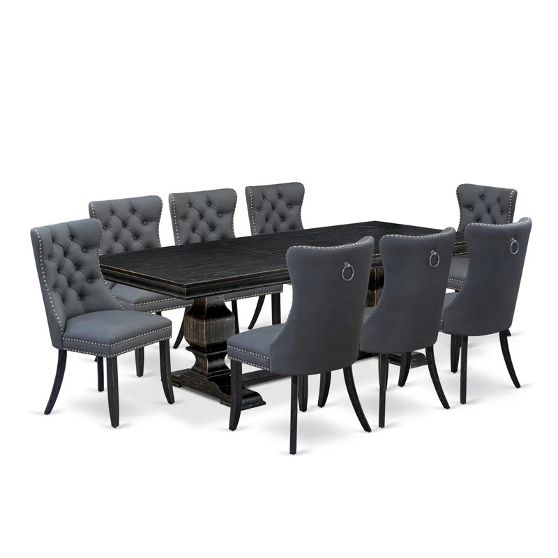9 Pieces Dining Table Set Includes a Rectangle Table and 8 Platinum Gray Polyester fabric Dining Chairs, Sand Blasting Black