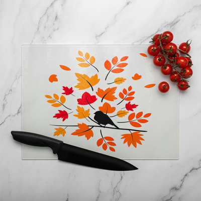 Autumn Bird On Branch Glass Chopping Board