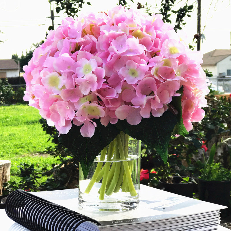 Pink Silk Hydrangea and Rose Arrangement in Clear Glass Vase