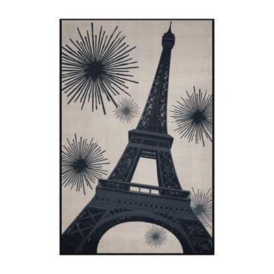 Machine Washable Orkan Paris Eiffel Tower Posh & Luxe Starburst Rug in Beige – Black Binding