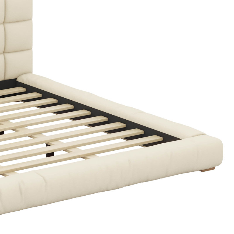 Structure de lit tapissier plateforme en velours avec tête de lit capitonnée Channel, Beige, King