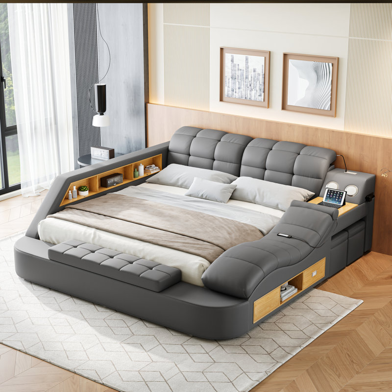 Multi-Functional Bed, Solid Wood Frame and Faux Leather Upholstery, Remote-Controlled Massage Recliner on the Right, Modern LED Lights, Bluetooth Speakers, USB Charging Ports, Adjustable Backrest