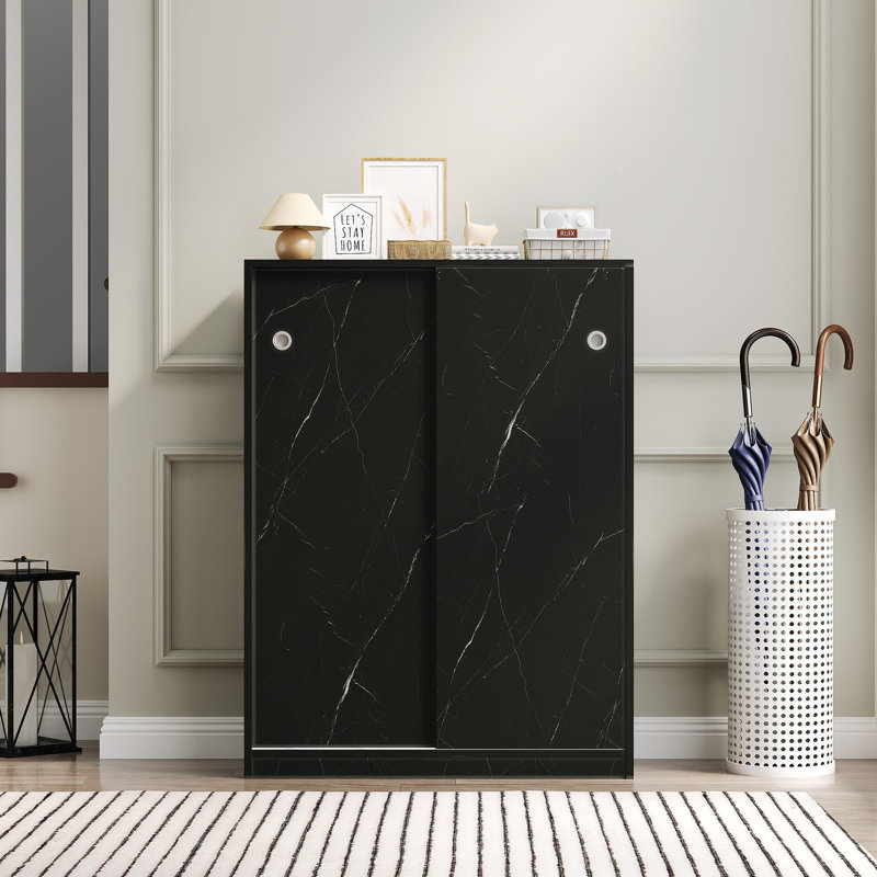 Marble Black  Shoe Cabient With Sliding Door Have 6 Layers Can Storage At Least30 Pairs Shoes, Black