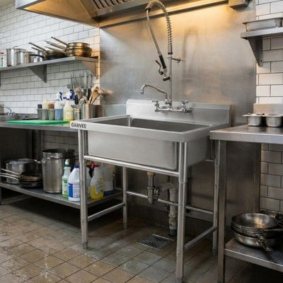 Stainless Steel Utility Sink with Faucet, Freestanding Commercial Laundry Tub, Adjustable Height, Storage Shelf