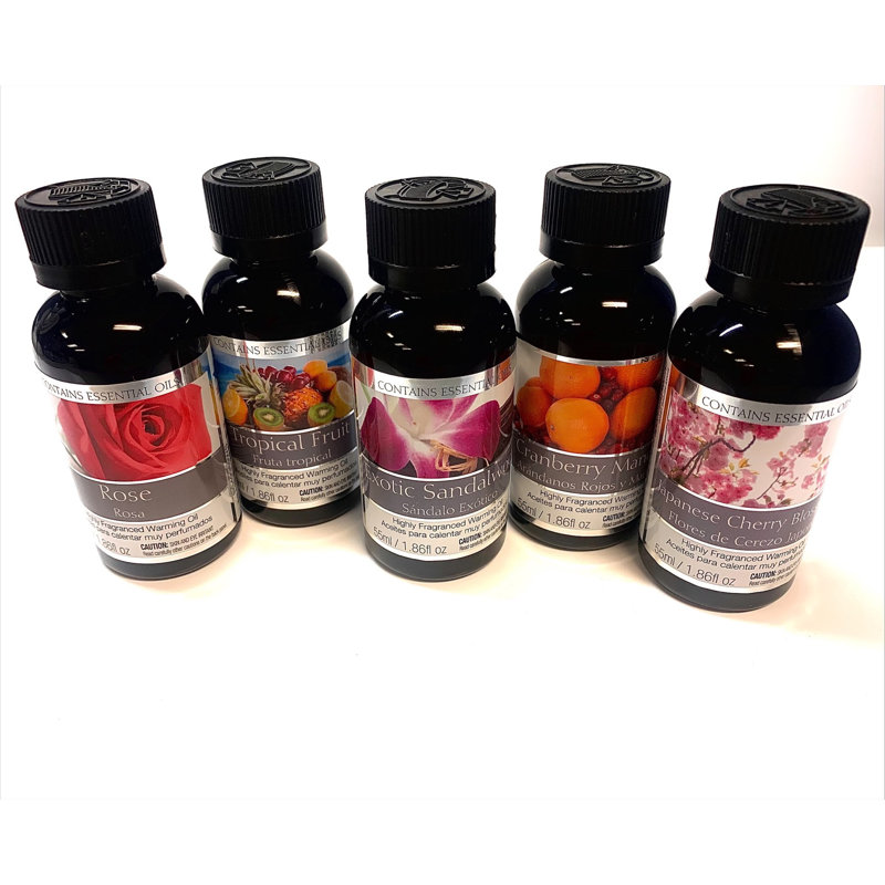 Ensemble de 5 huiles chauffantes parfumées 55 ml chacune - Hosley - fleurs de cerisier japonais, fruits tropicaux, mandarine canneberge, bois de santal exotique, rose. Idéal pour le spa, la méditation et la salle de bain