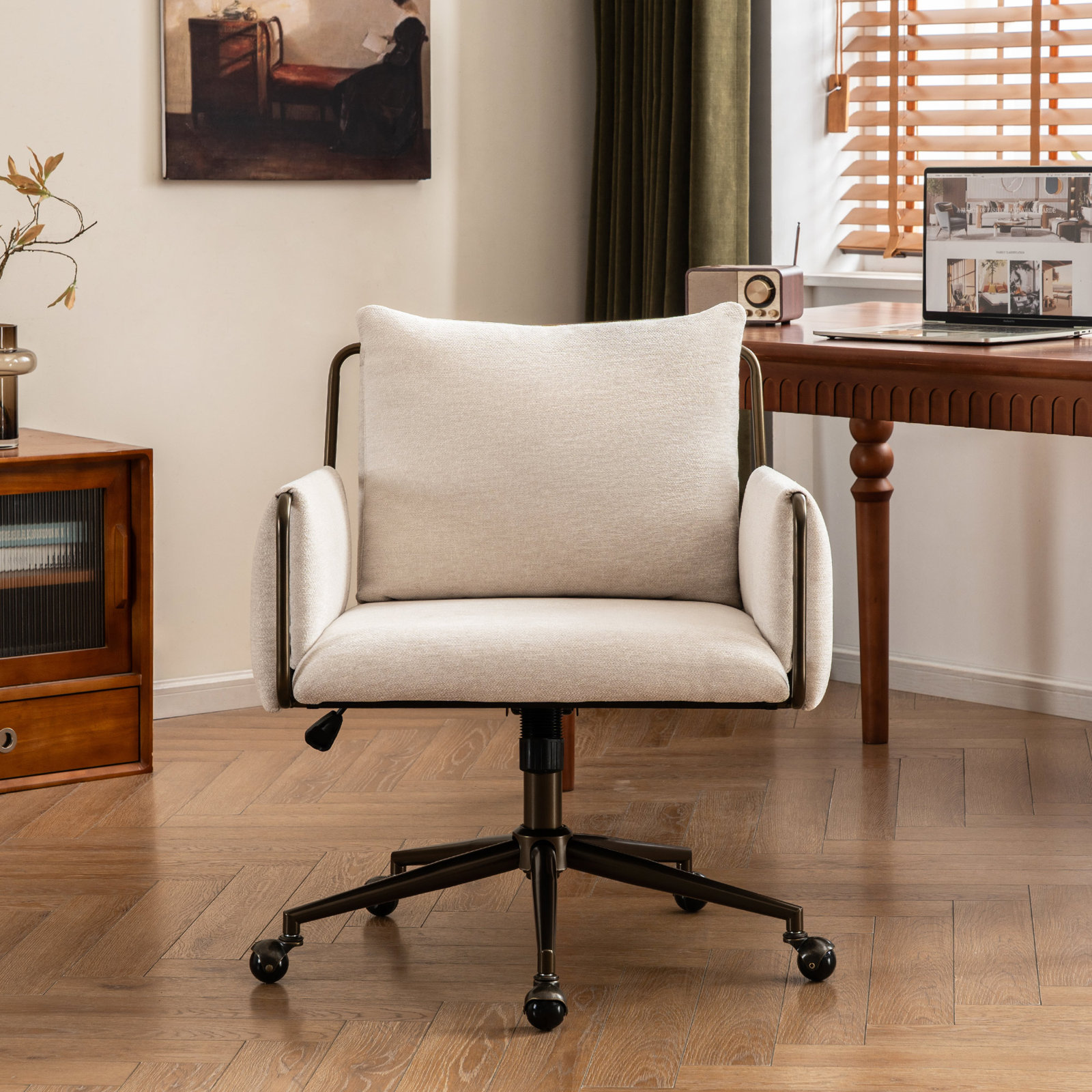 Arianna Office Chair with Lumbar Support, Beige Seat/ Brass Frame