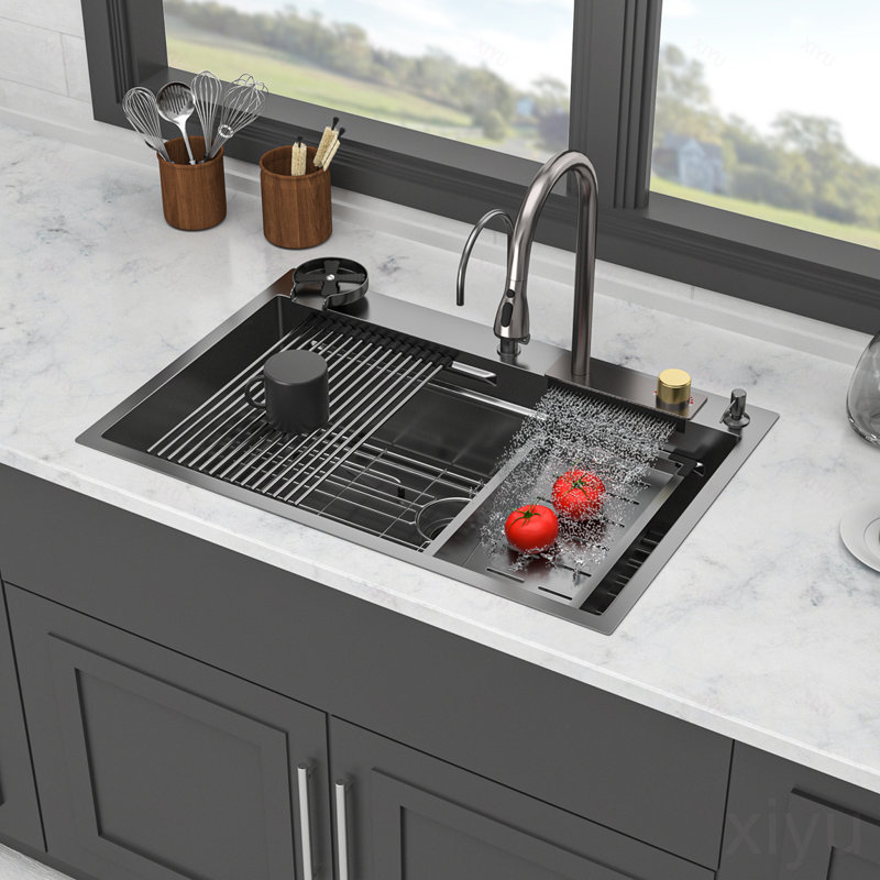 Évier de cuisine en acier inoxydable à chute d'eau de style Gunmetal - éviers de cuisine à rebord à cuve simple en acier inoxydable de calibre 16 de 33 po x 22 po x 10 po avec robinet rétractable et laveuse à gobelets