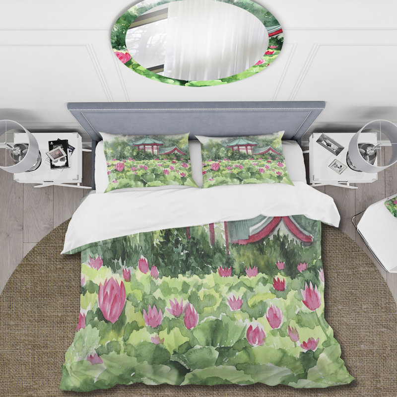 Lotus Lake and Pagoda - Traditional Duvet Cover Set - Microfiber Polyester, King Duvet Cover + 2 King Shams