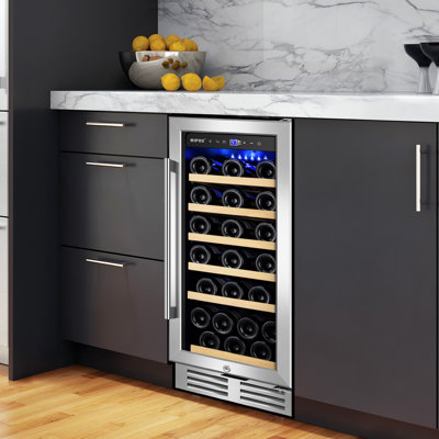 15 Inch Single Zone Wine Refrigerator, Mini Wine Cooler, Holds 30 Bottles, Built-In or Freestanding with LED Light, Safety Lock, Removable Shelves I
