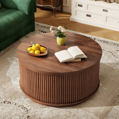 Round Coffee Table with Storage, Wood Center Table for Living Room