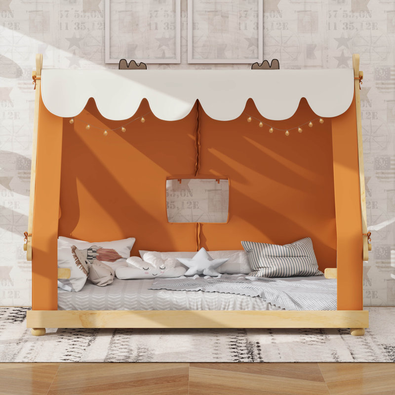Lit de maison avec tente et éclairage, Lit simple, Brun