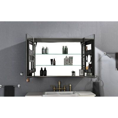 Pharmacie pour salle de bain à DEL 40 x 30 po, tous les miroirs, brouillard, intensité variable, 3 températures de couleur, tablette réglable, douille, armoire en aluminium, miroir, éclairage à intensité variable, options, grossissement intégré