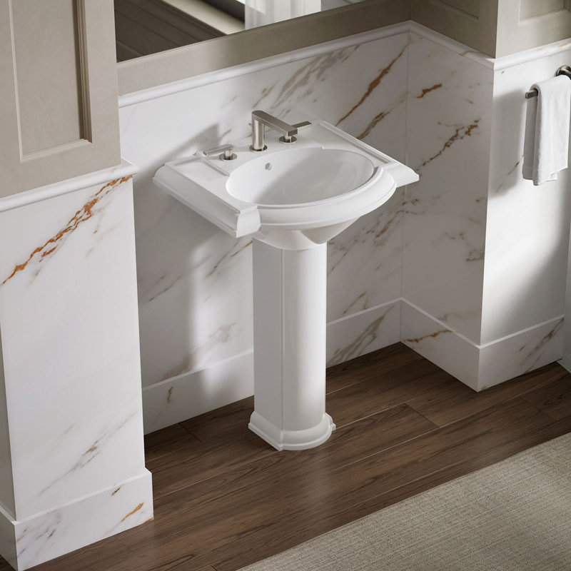 Devonshire Ceramic 25" Pedestal Bathroom Sink with Overflow, White, Widespread Faucet
