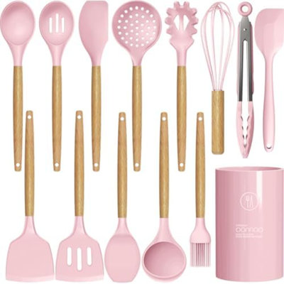 Silicone Kitchen Utensils Set - 446°F Heat Resistant Cooking Utensil Sets, Spatula,Turner,Tongs,Spoon,Whisk, Wooden Handle Silicone Kitchen Gadgets Tools for Non-Stick Cookware BPA Free (Pink)