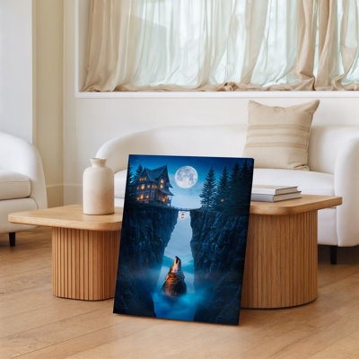 Toile, "Mystical Night Scene Doting A Towering Rustic Wooden House", art mural perché précairement entre deux falaises rocheuses