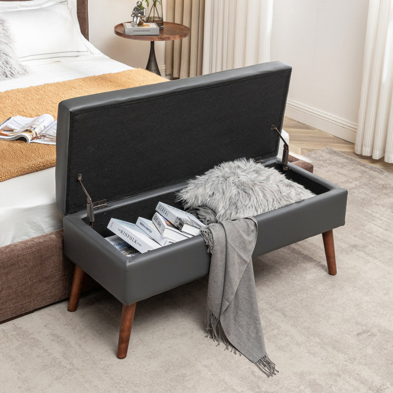 Banc de rangement en cuir de polyuréthane gris foncé de 43,3 po avec repose-pieds capitonné pour le lit et le vestibule d'une capacité de 300 lb