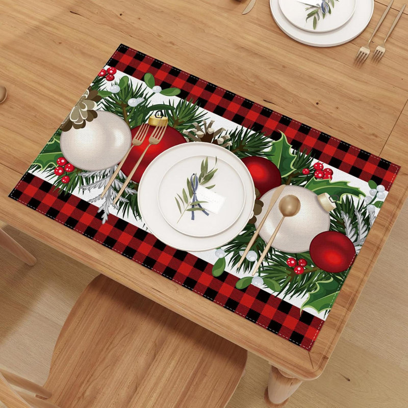 Linen  Buffalo Check Plaid Christmas Placemats Set Of 4 Farmhouse Winter Christmas Xmas Holiday Home Kitchen Table Decorations