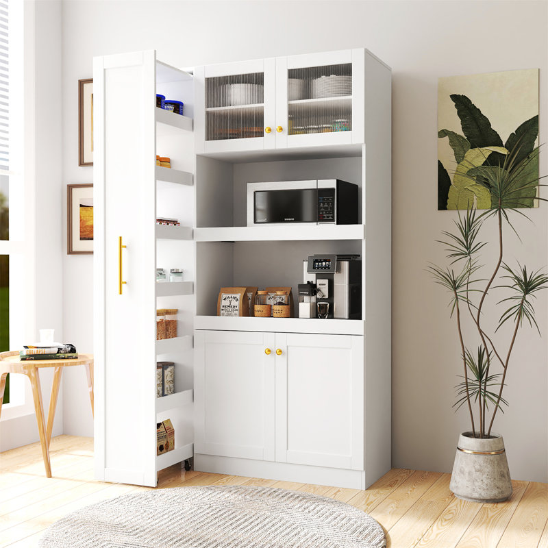 Armoire de cuisine avec tablette de rangement coulissante multi-fonctionnelle, Blanc